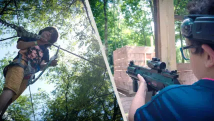 jeunes garçons sur parcours d'accrobranche et partie de laser game