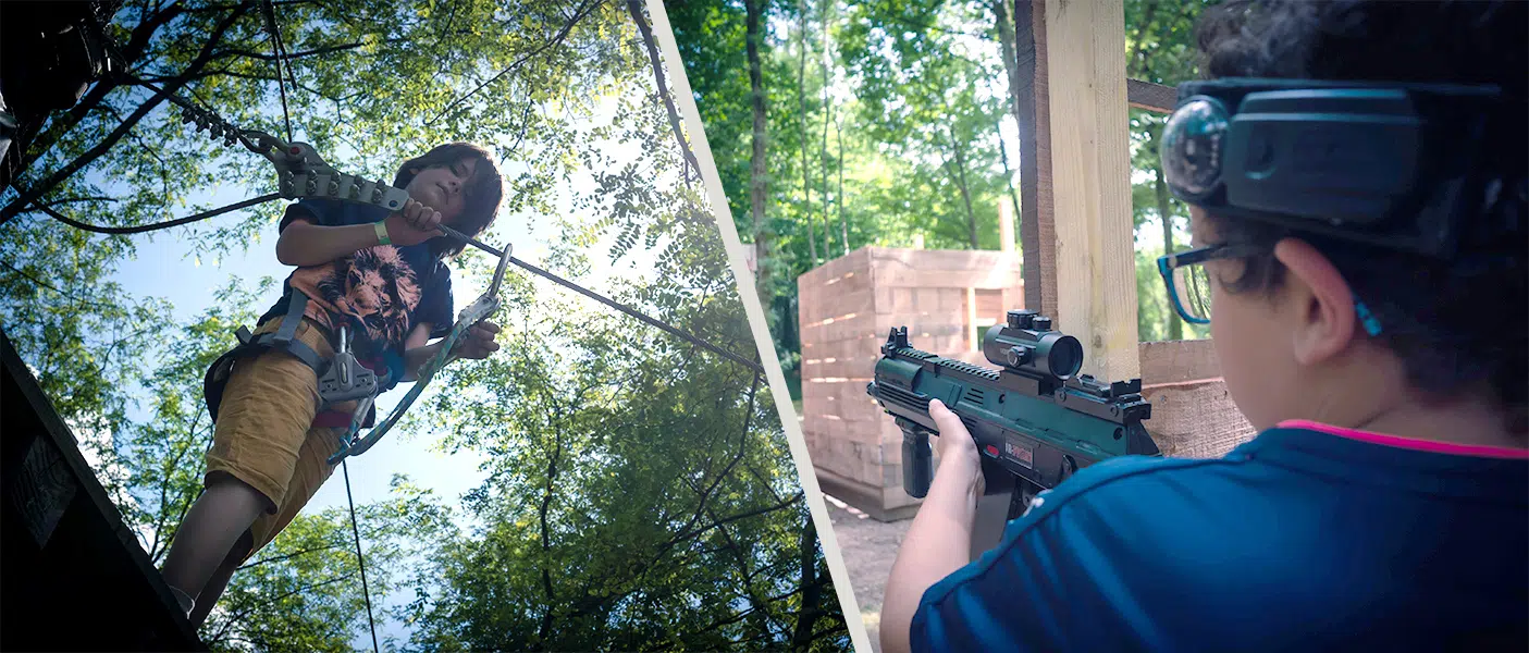 jeunes garçons sur parcours d'accrobranche et partie de laser game